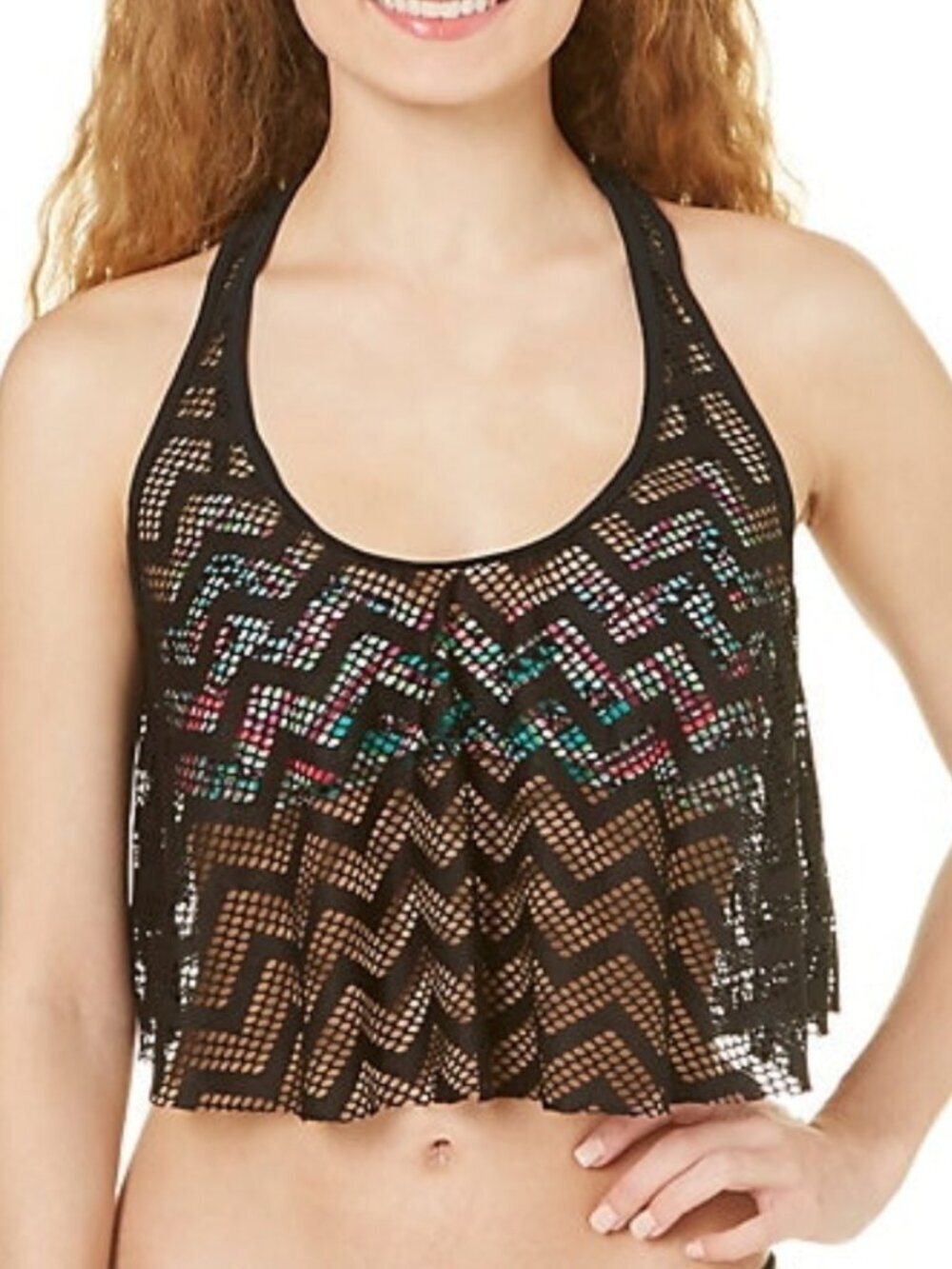 Hula Honey 2-in-1 Crochet Layered Boho Sheer Tank Black Multi Bikini SZ:L